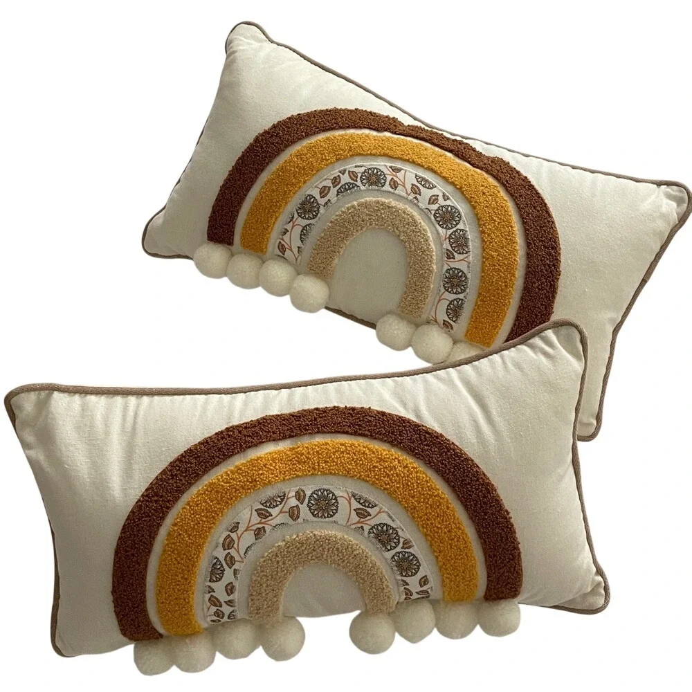 Rainbow‎ Embroidered PomPom Boucle Boho Throw Pillows Set